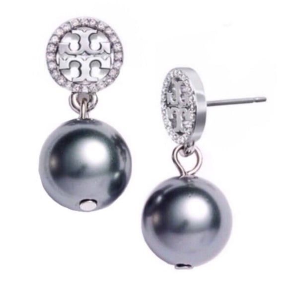 TORY BURCH • Silver Crystal Logo Gray Pearl Drop Earrings - Picture 1 of 3